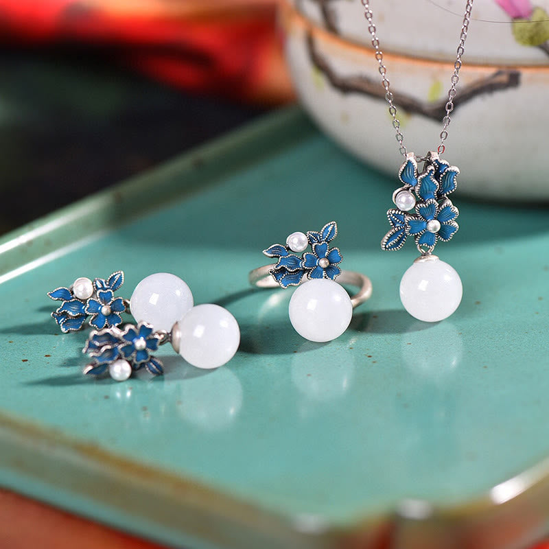 Buddha Stones Jade blanco Plata de ley 925 Perla Flor Bendición Collar Colgante Anillo Pendientes