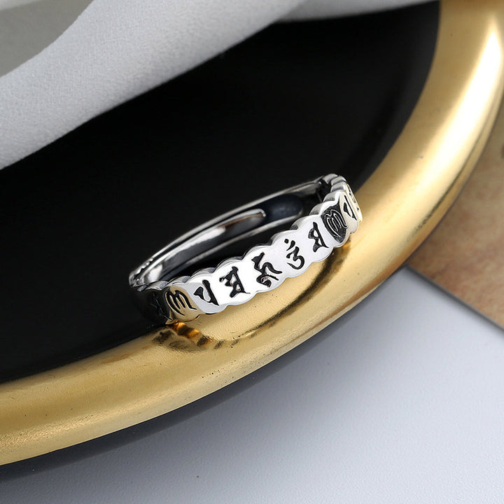 Anillo de sabiduría tranquila con seis palabras verdaderas de plata de ley 925 con Buddha Stones