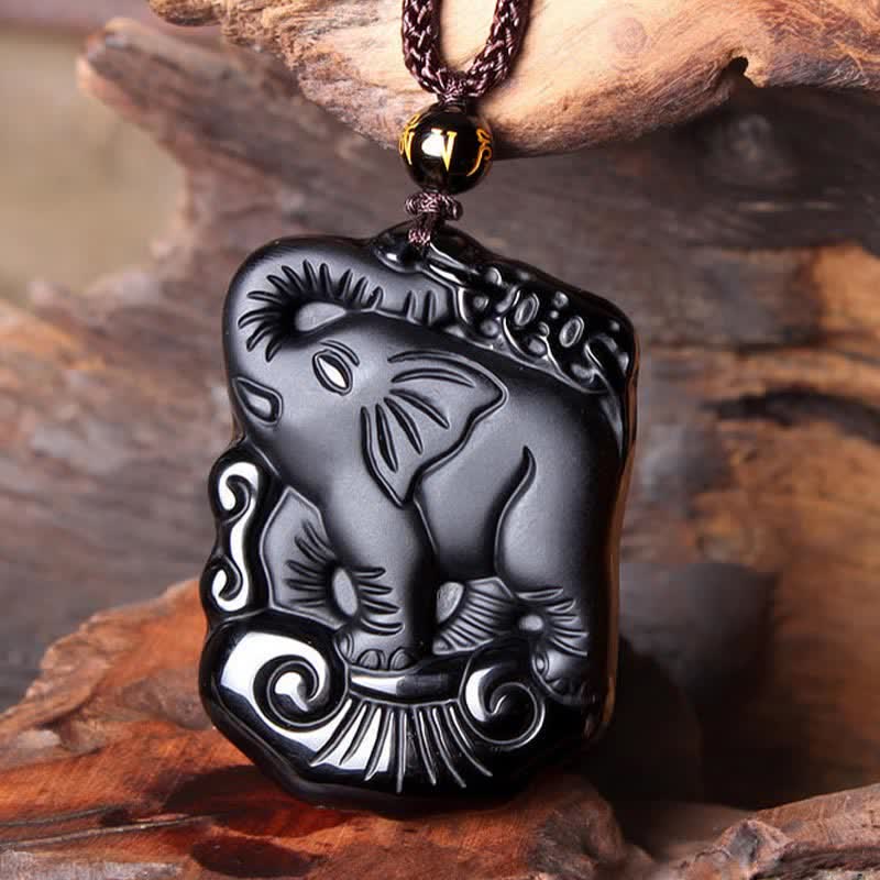Llavero con colgante de collar de cadena de protección de elefante de obsidiana negra