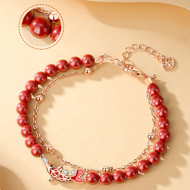 Pulsera de cadena de doble capa de plata de ley 925 con Buddha Stones , pez Koi de la suerte, circonita cinabrio, prosperidad
