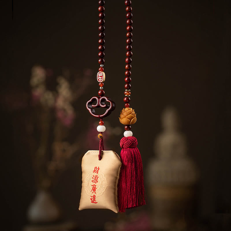 Buddha Stones tibetanas, hoja pequeña, sándalo rojo, loto, cinabrio, bolsita de protección, borla, decoración colgante para coche