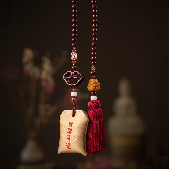 Buddha Stones tibetanas, hoja pequeña, sándalo rojo, loto, cinabrio, bolsita de protección, borla, decoración colgante para coche