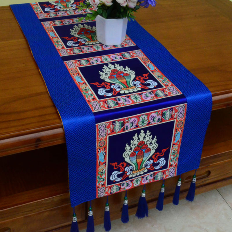Tapete para altar de oración con Buddha Stones , Man-Bcu, Kalachakra, nudo sin fin, Vajra, símbolos propicios tibetanos, camino de mesa con borlas