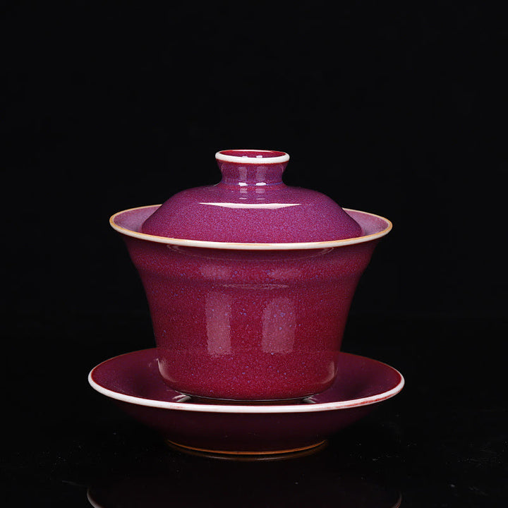 Taza de té y platillo con tapa, cerámica Gaiwan Sancai, cambio de horno de esmalte Retro, Buddha Stones , Kung Fu - ESTILO ROJO (EL COLOR Y EL ESMALTE PUEDEN VARIAR) - 9,8 cm x 9 cm x 150 ml - image 7