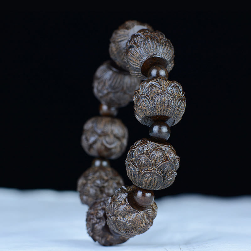 Pulsera de equilibrio grabada con dragón de loto, dieciocho arhats, madera de ébano, Buddha Stones