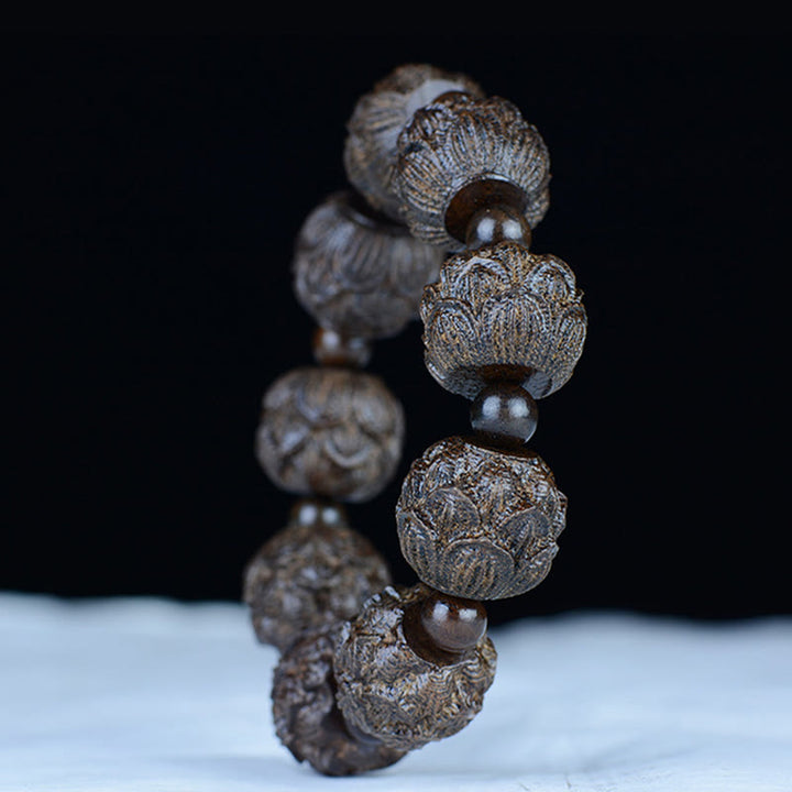 Pulsera de equilibrio grabada con dragón de loto, dieciocho arhats, madera de ébano, Buddha Stones