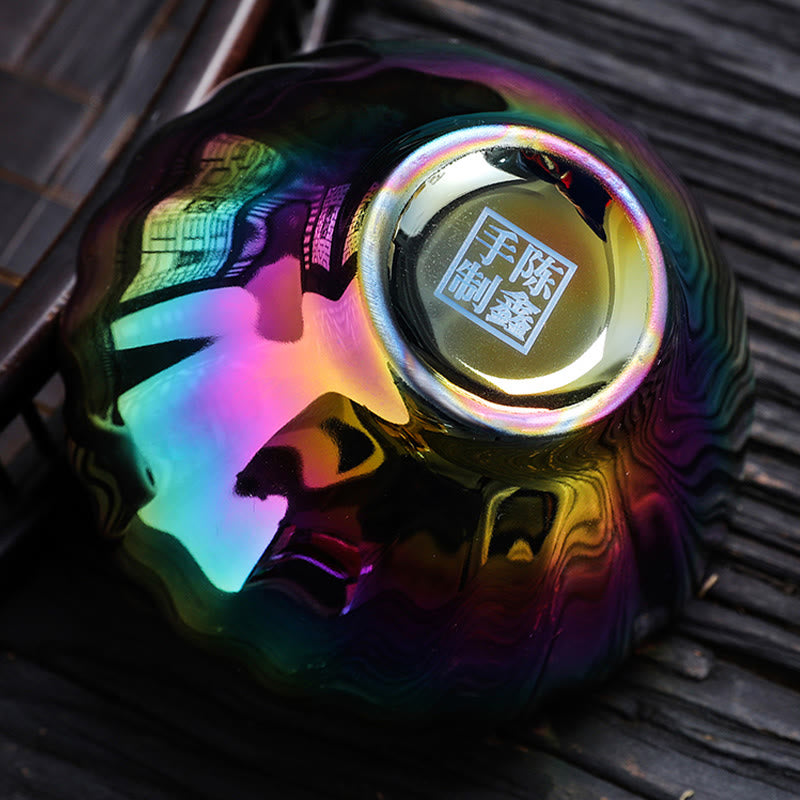 Taza de té de cerámica china Jianzhan colorida con diseño de pavo real vívido con incrustaciones de loto y Buddha Stones , taza de té de kung fu