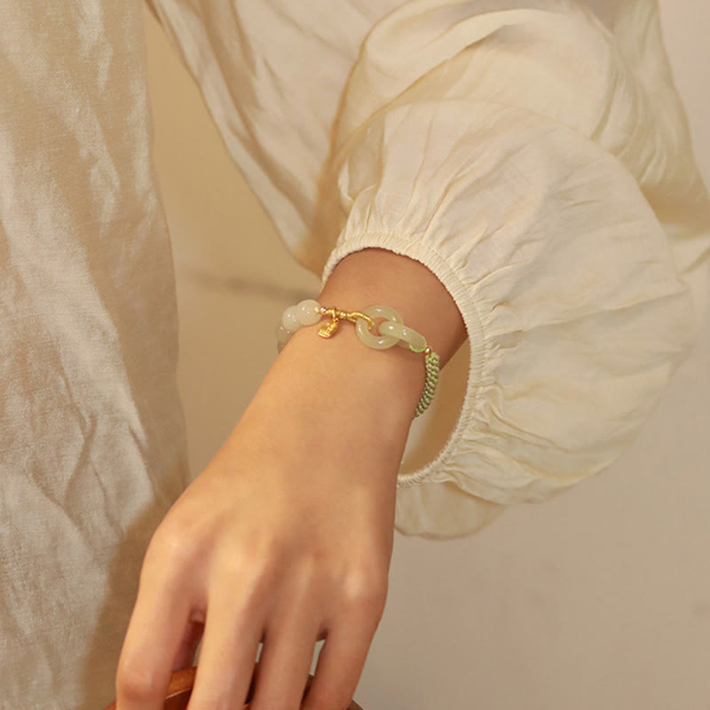 Pulsera trenzada con doble hebilla de paz y cuentas de jade hetiano natural, Buddha Stones, carácter Fu, abundancia