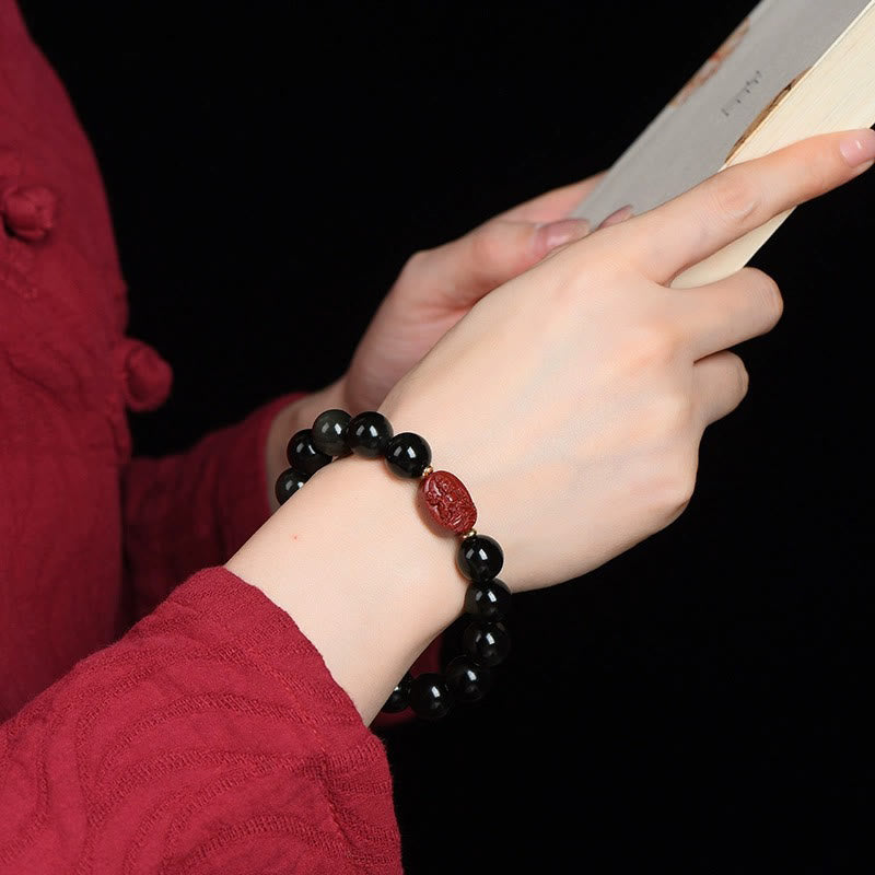 Pulsera de purificación de cinabrio de obsidiana negra Natural de Buda natal del zodiaco chino con Buddha Stones