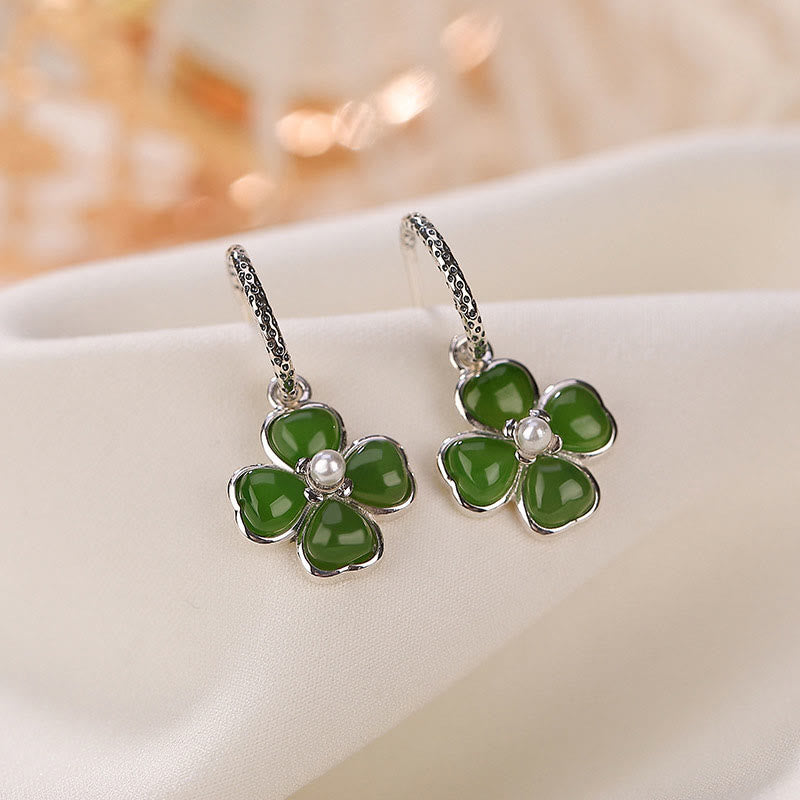 Pendientes de plata de ley 925 con Buddha Stones , jade cian natural, trébol de cuatro hojas, suerte y éxito
