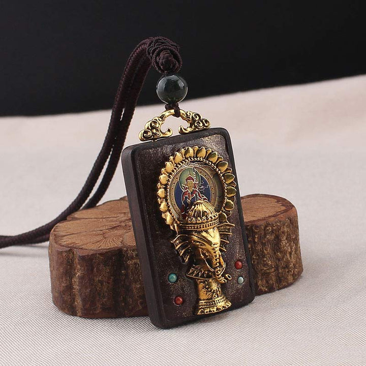 Colgante de cuerda con collar de bendición de Buda, Dios de la fortuna, elefante de madera de ébano