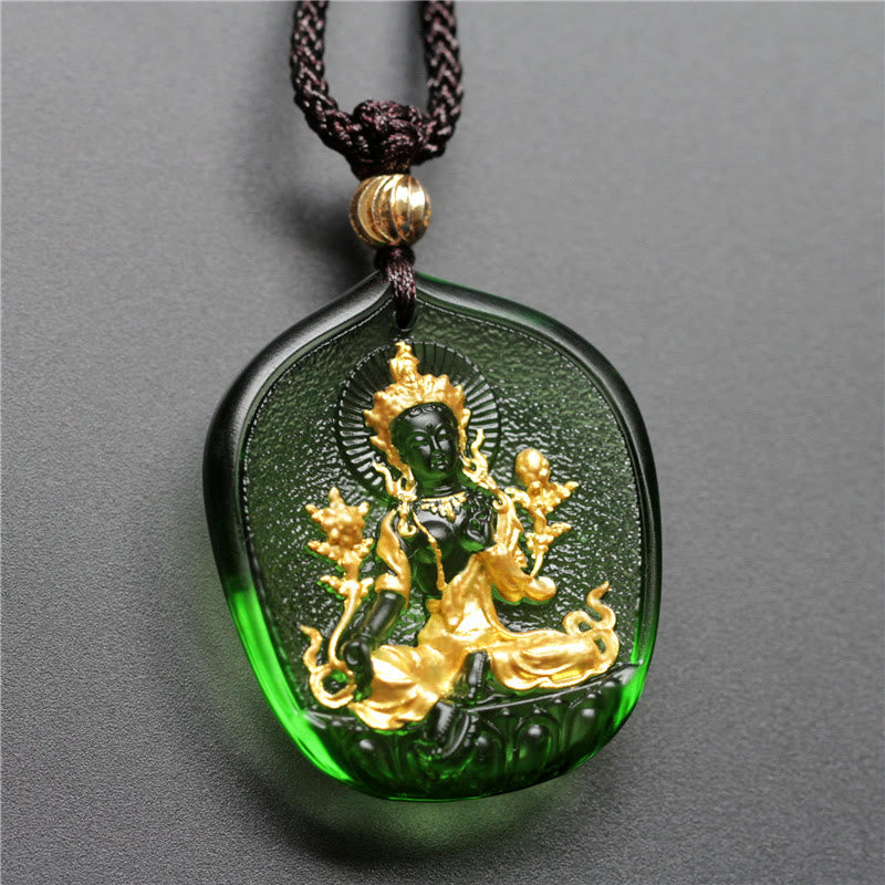Buddha Stones Tara Verde Tibetana Buda Chapado en Oro Liuli Collar de protección de Cristal Colgante - Tara Verde - Versión dorada - image 1