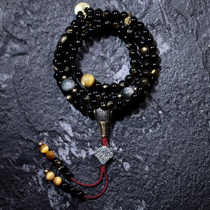 Pulsera de riqueza de piedra de ojo de águila de ojo de tigre de obsidiana con brillo dorado de 108 cuentas Mala