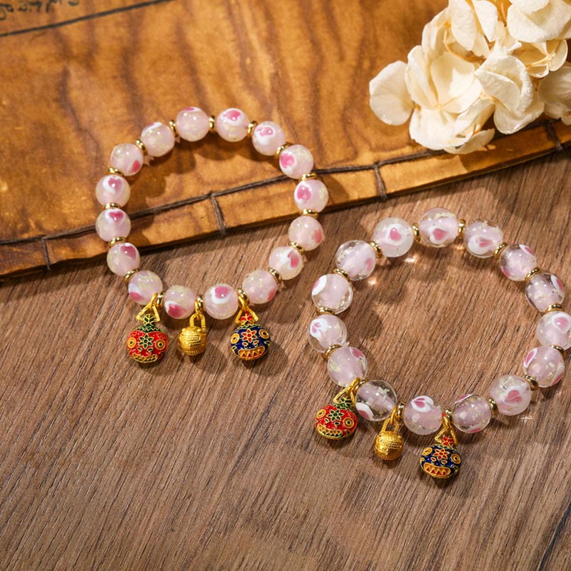 Pulsera de bendiciones con cuentas de cristal Liuli fluorescentes de corazón de amor rosa luminoso con abalorio familiar de bestia tragadora de oro con Buddha Stones