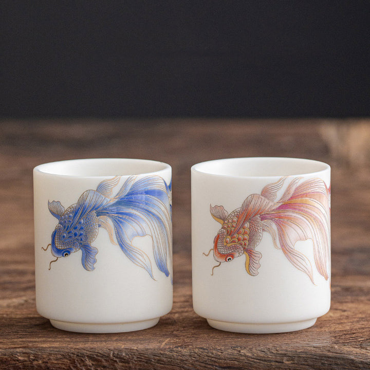 Taza de té de cerámica de porcelana blanca, pez Koi, Buddha Stones, taza de té de Kung Fu