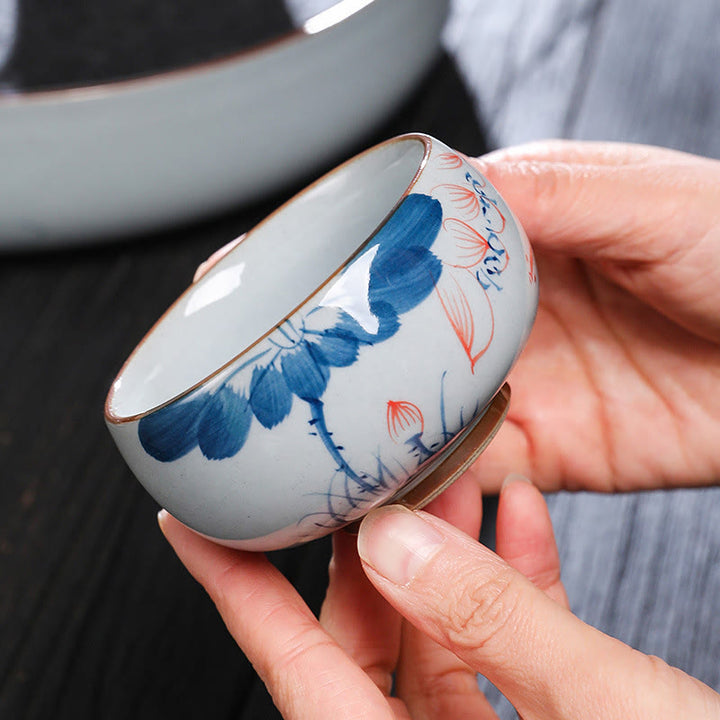 Tazas de té de cerámica de bambú con hojas de flor de loto y Buddha Stones, tazas de té de Kung Fu