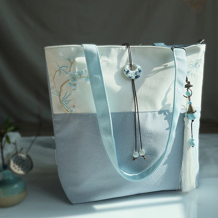 Bolso de hombro de gran capacidad con bordado de bambú, flor de pera, ciruelo, flor de melocotón, bolso de mano