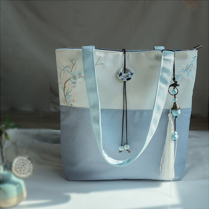 Bolso de hombro de gran capacidad con bordado de bambú, flor de pera, ciruelo, flor de melocotón, bolso de mano