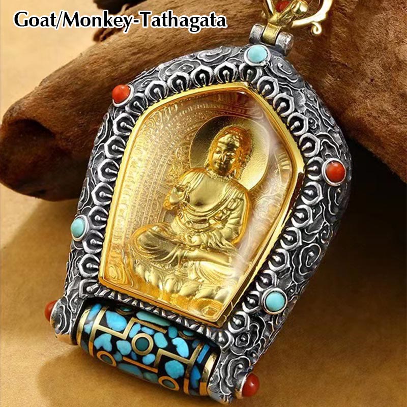 Colgante de collar de cuentas Dzi giratorio del zodiaco chino del Tíbet Buda natal Thangka prosperidad - Cabra/Mono-Tathagata - image 9