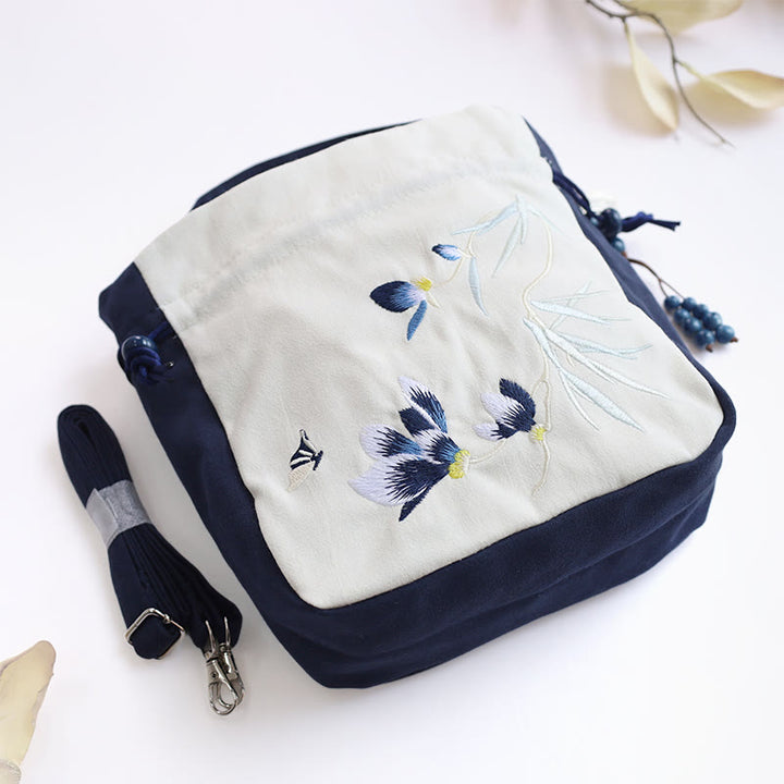 Bolso bandolera con Buddha Stones, bordado, mariposa, loto, magnolia, algodón y lino