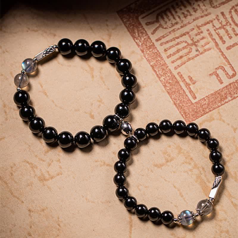 Pulsera de pareja de fuerza de piedra lunar de obsidiana de plata de ley 925 - 8 mm y 10 mm - image 7