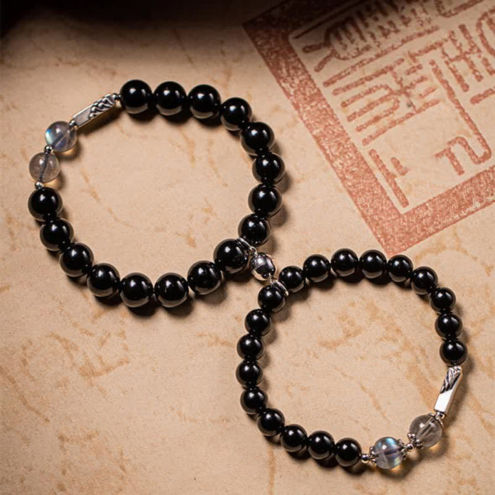 Pulsera de pareja de fuerza de piedra lunar de obsidiana de plata de ley 925 - 8 mm y 10 mm - image 7