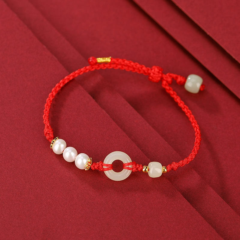 Pulsera de la suerte con perlas y hebilla de la paz de jade hetiano chapado en plata de ley 925 con Buddha Stones - Cuerda roja (circunferencia de la muñeca 14-16 cm) - image 1