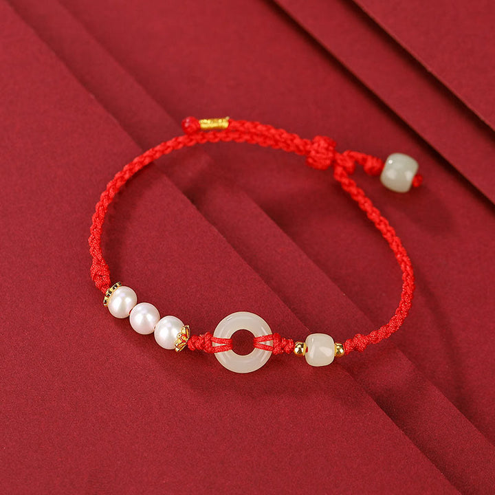 Pulsera de la suerte con perlas y hebilla de la paz de jade hetiano chapado en plata de ley 925 con Buddha Stones - Cuerda roja (circunferencia de la muñeca 14-16 cm) - image 1