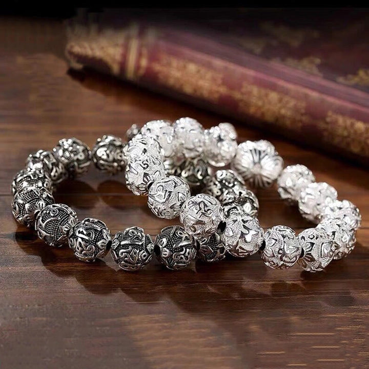Pulsera de amuleto de cuentas de aleación tallada Om Mani Padme Hum tibetano con Buddha Stones