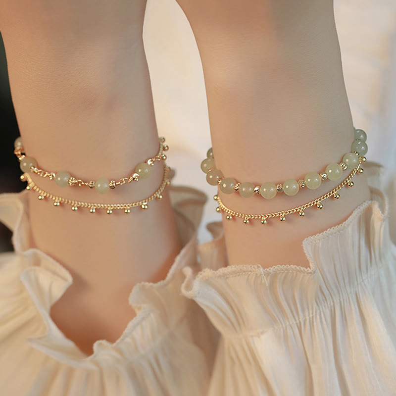 Pulsera de prosperidad de la suerte con cuentas de jade hetiano de 2 capas chapada en oro de 14 quilates