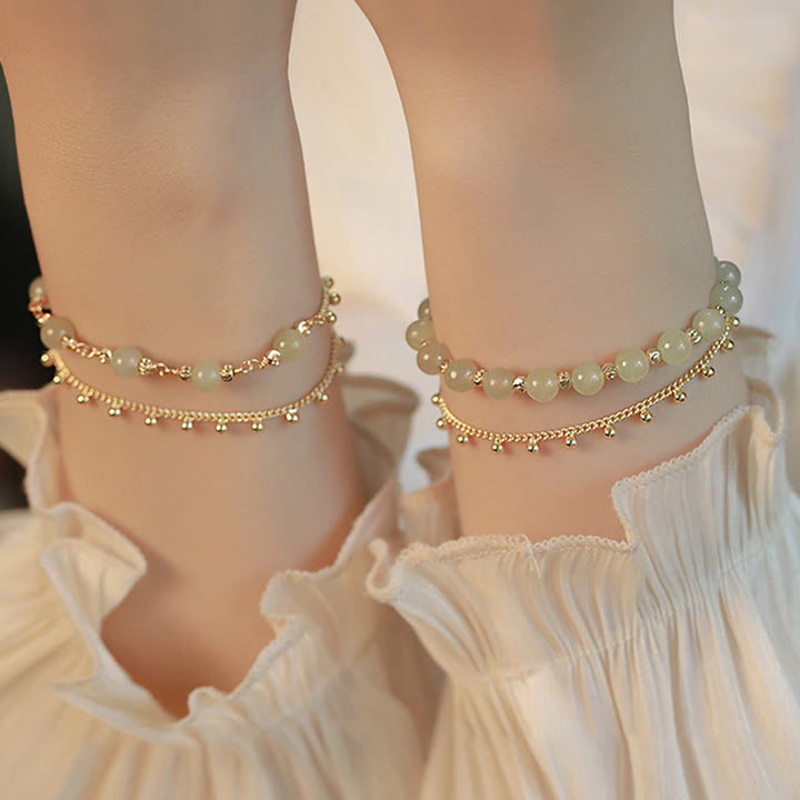 Pulsera de prosperidad de la suerte con cuentas de jade hetiano de 2 capas chapada en oro de 14 quilates