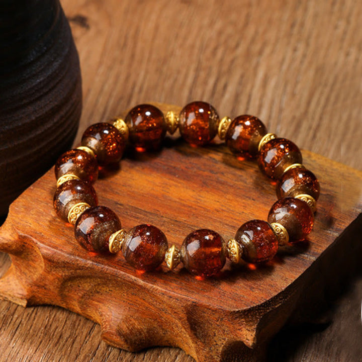 Pulsera de la fortuna con cuentas de cristal Liuli, dije de la familia de la bestia tragadora de oro con Buddha Stones - Marrón - Versión simple - 12 mm - image 19