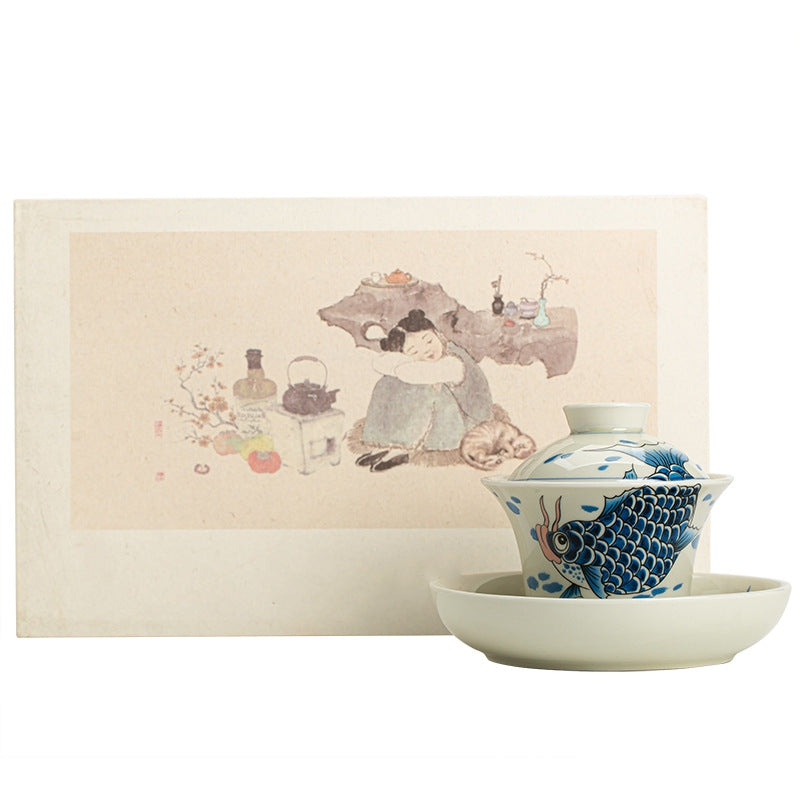 Buddha Stones Koi Arowana cerámica Gaiwan Sancai taza de té Kung Fu con tapa 130ml