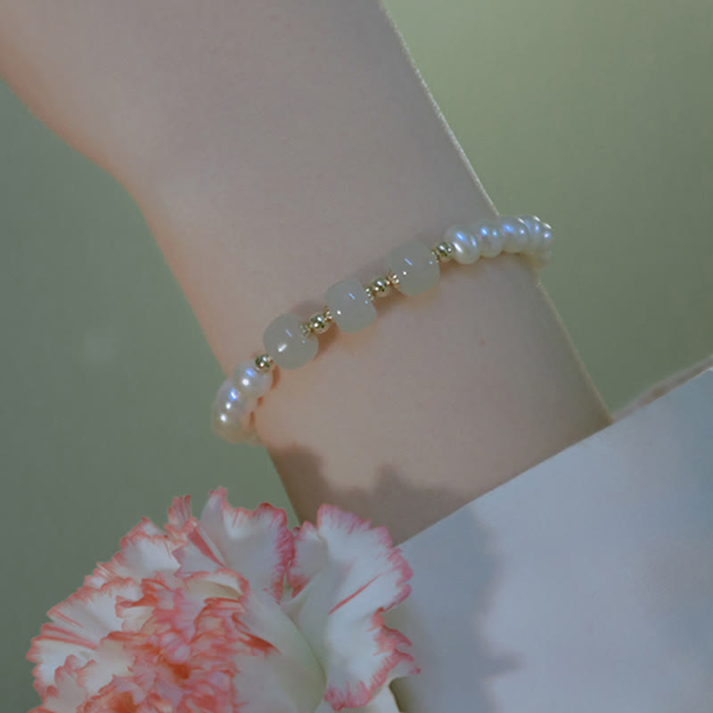 Pulsera de cadena de cuentas de sinceridad de jade blanco de jade cian hetiano con perlas naturales chapadas en oro de 14 quilates