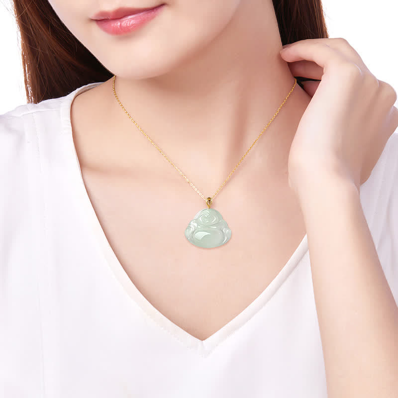 Collar con colgante de cadena de acero y titanio con Buddha Stones sonriente y jade natural. - image 2