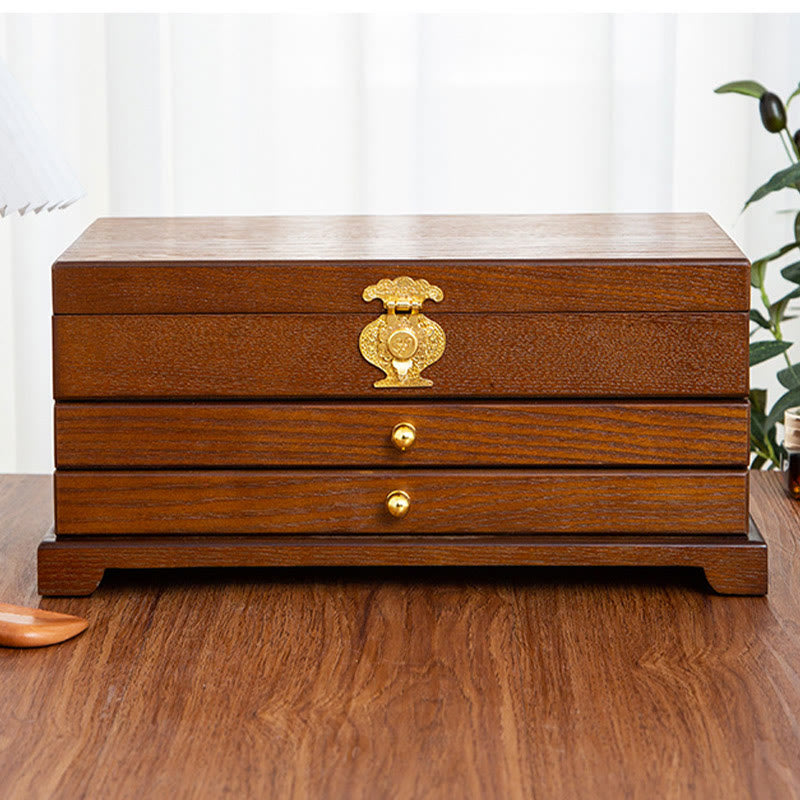Caja de joyería de madera retro con Buddha Stones, caja de almacenamiento de joyas de tres capas