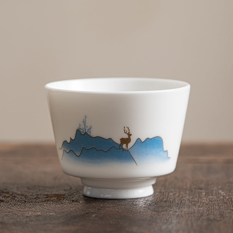 Taza de té de cerámica con Buddha Stones, flor de loto, hoja, montaña, pabellón, alce, peonía, taza de té de Kung Fu