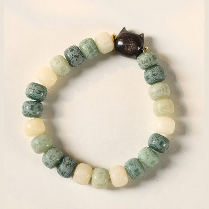 Pulsera de armonía grabada con Buddha Stones de Bodhi, brillo plateado, obsidiana, cabeza de gato, Om Mani Padme Hum - image 10
