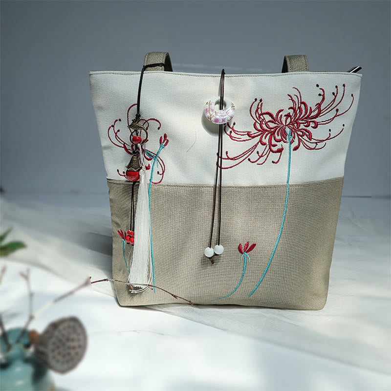 Bolso de hombro de gran capacidad con bordado de bambú, flor de pera, ciruelo, flor de melocotón, bolso de mano