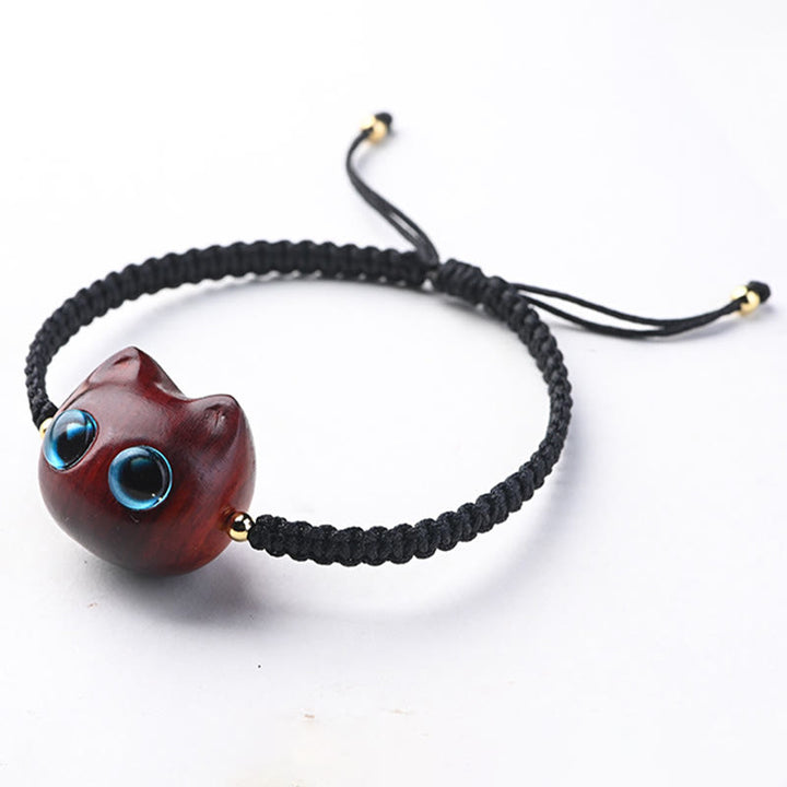 Pulsera trenzada con Buddha Stones, hoja pequeña, sándalo rojo, madera de ébano, cabeza de gato bonita, protección tranquila - image 5