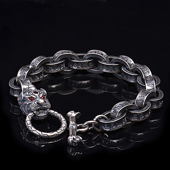 Brazalete de plata de ley 925 con diseño de dragón Kirin Om Mani Padme Hum y fuerza de éxito
