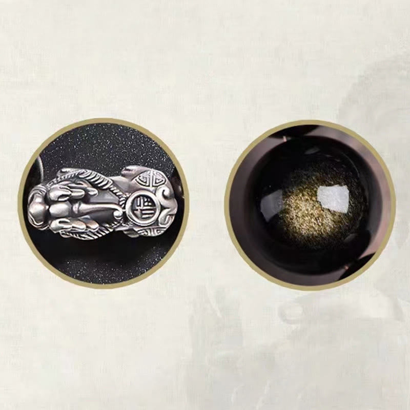 Pulsera de protección de la riqueza PiXiu de obsidiana brillante de oro natural de plata de ley 925 con Buddha Stones - image 8