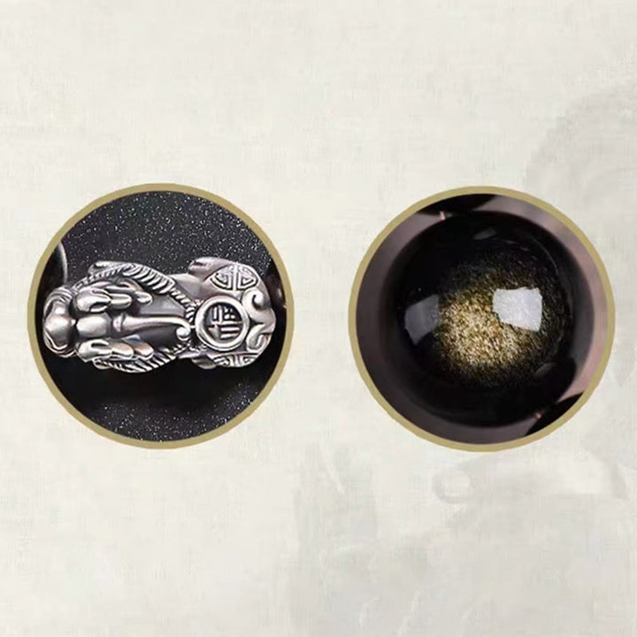 Pulsera de protección de la riqueza PiXiu de obsidiana brillante de oro natural de plata de ley 925 con Buddha Stones - image 8