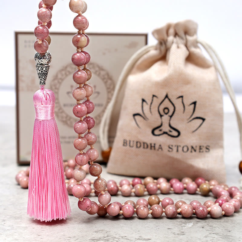 Buddha Stones 108 cuentas de rodonita Mala, pulsera de cuentas de oración para meditación y Yoga
