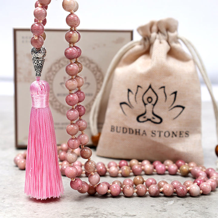 Buddha Stones 108 cuentas de rodonita Mala, pulsera de cuentas de oración para meditación y Yoga