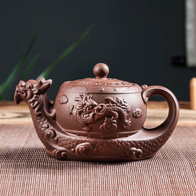 Tetera de cerámica de arcilla púrpura con nubes propicias de dragón Vintage con Buddha Stones