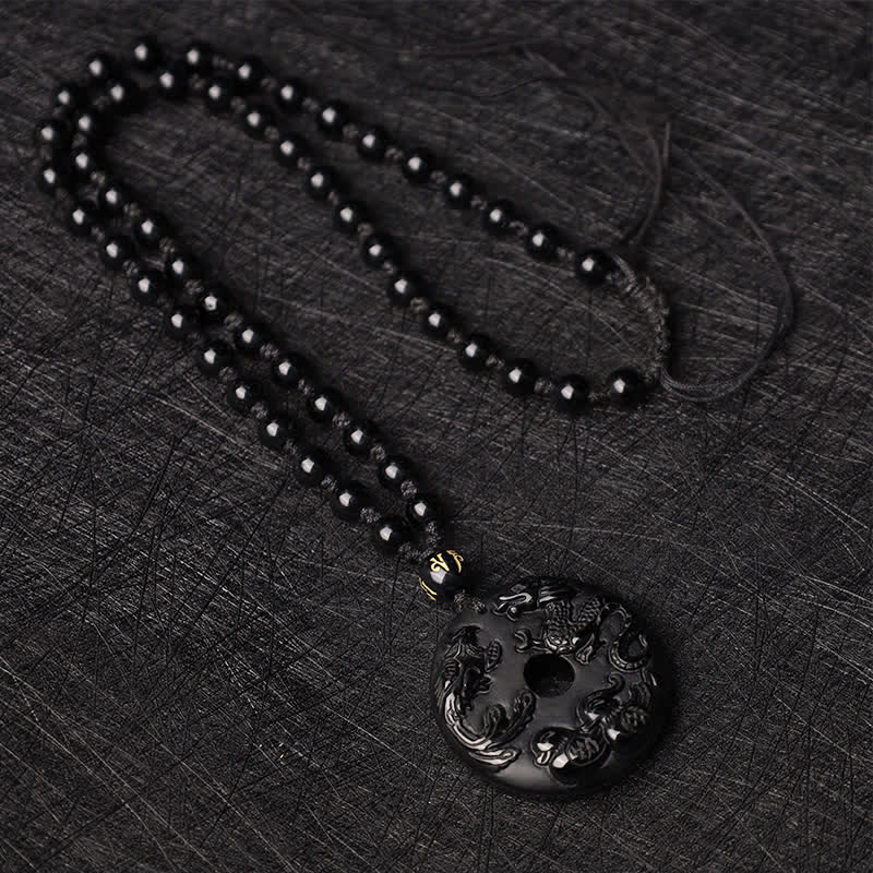 Buddha Stones Obsidiana Negra Dragón Fénix Pato Mandarín Collar de Protección de la Suerte Colgante