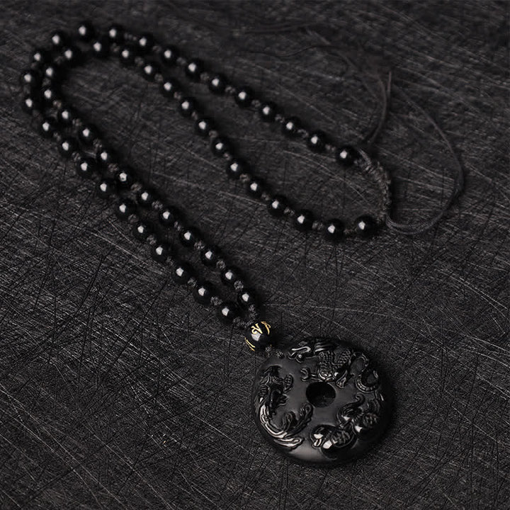 Buddha Stones Obsidiana Negra Dragón Fénix Pato Mandarín Collar de Protección de la Suerte Colgante