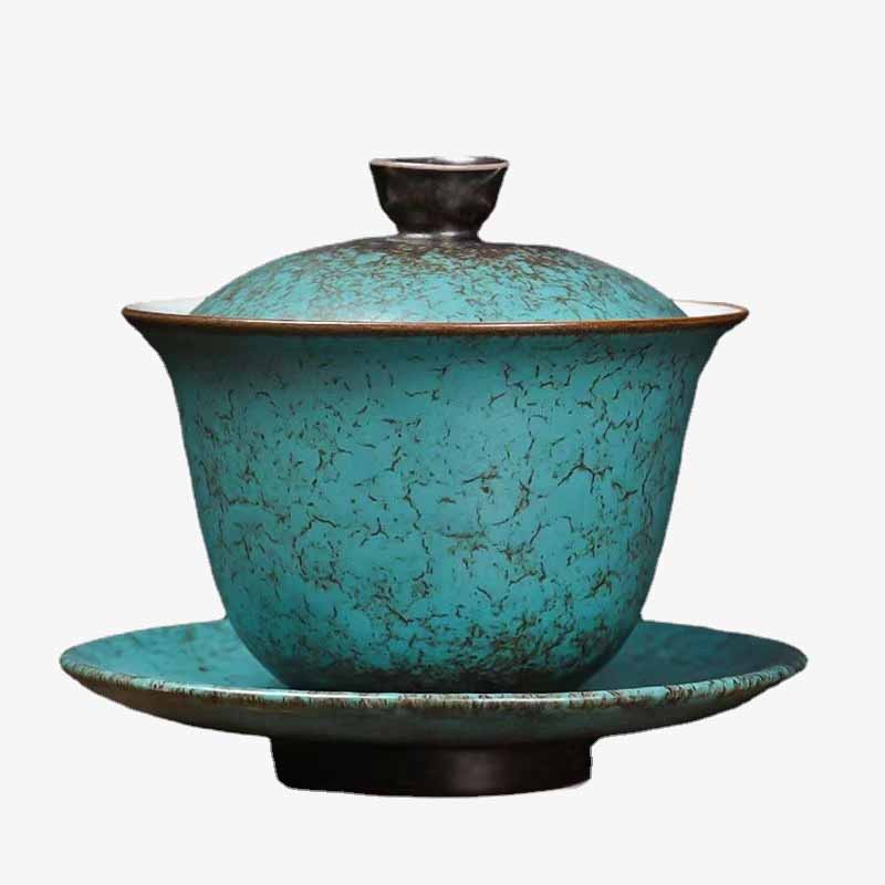 Taza de té y platillo con tapa, Gaiwan Sancai de cerámica verde, pino tradicional, Buddha Stones , Kung Fu