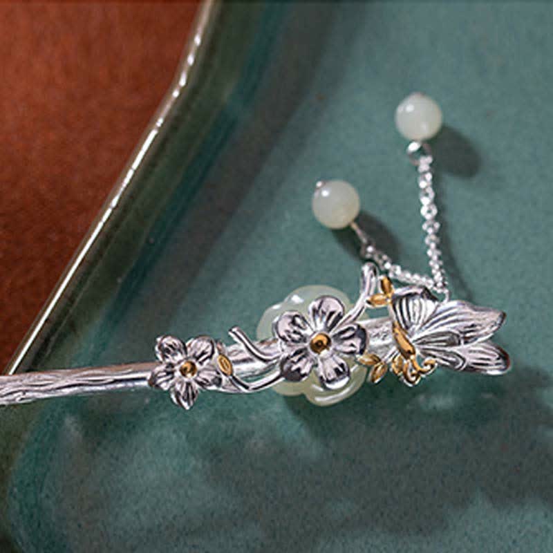 Horquilla de bendición de flor de jade blanco hetiano de plata de ley 925